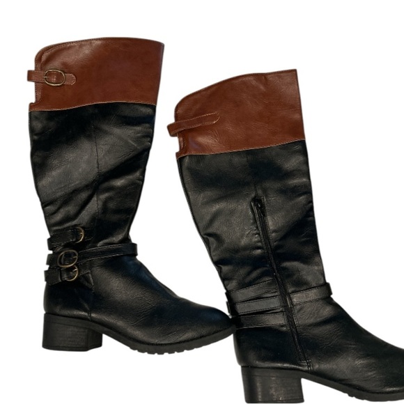 Two toned Black and brown‎ faux leather knee high boots, size 6.5 with buckles. - Picture 1 of 8